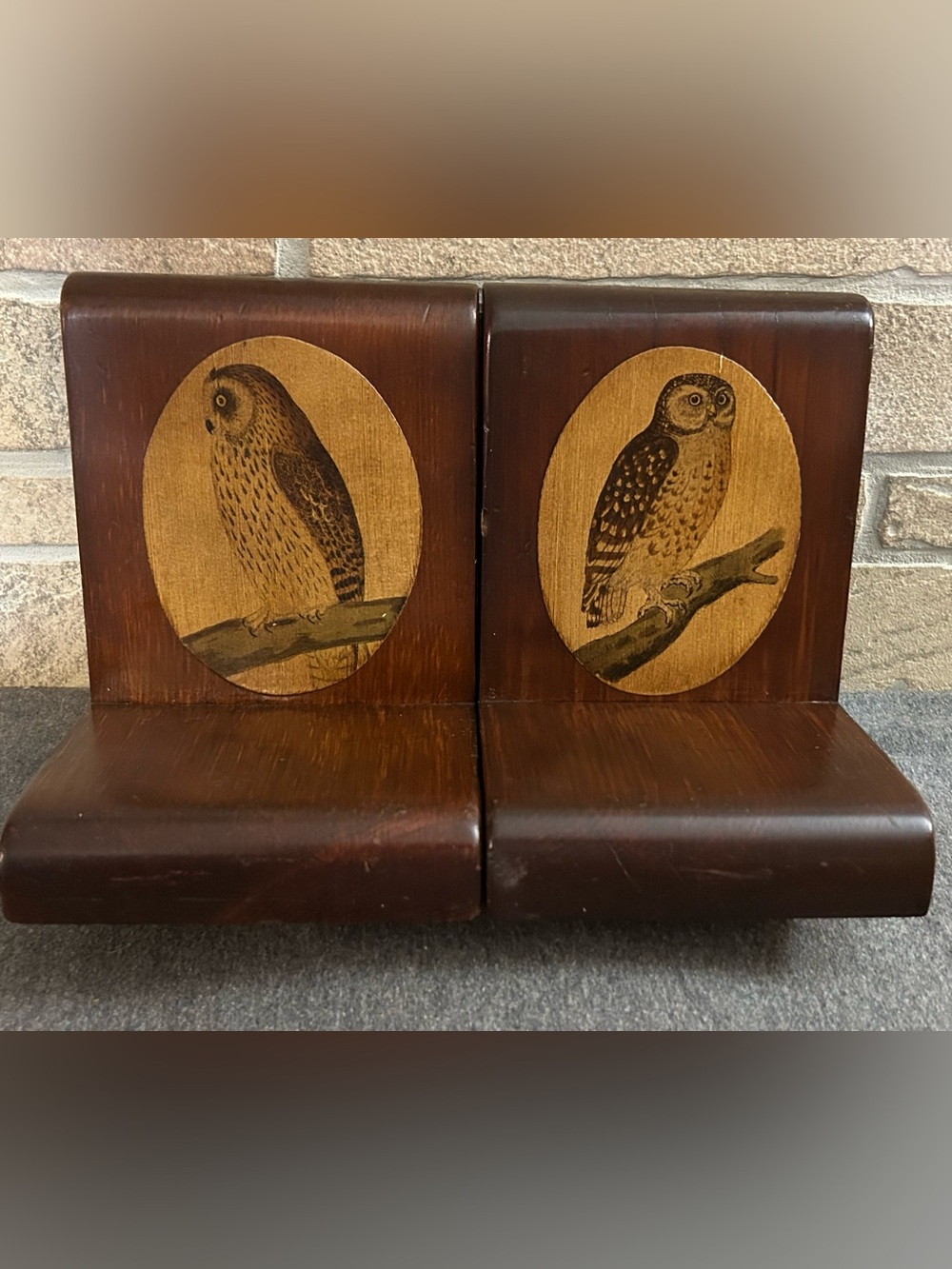 Vintage 1970s Pair of Wood Bookends with Owl Inlay